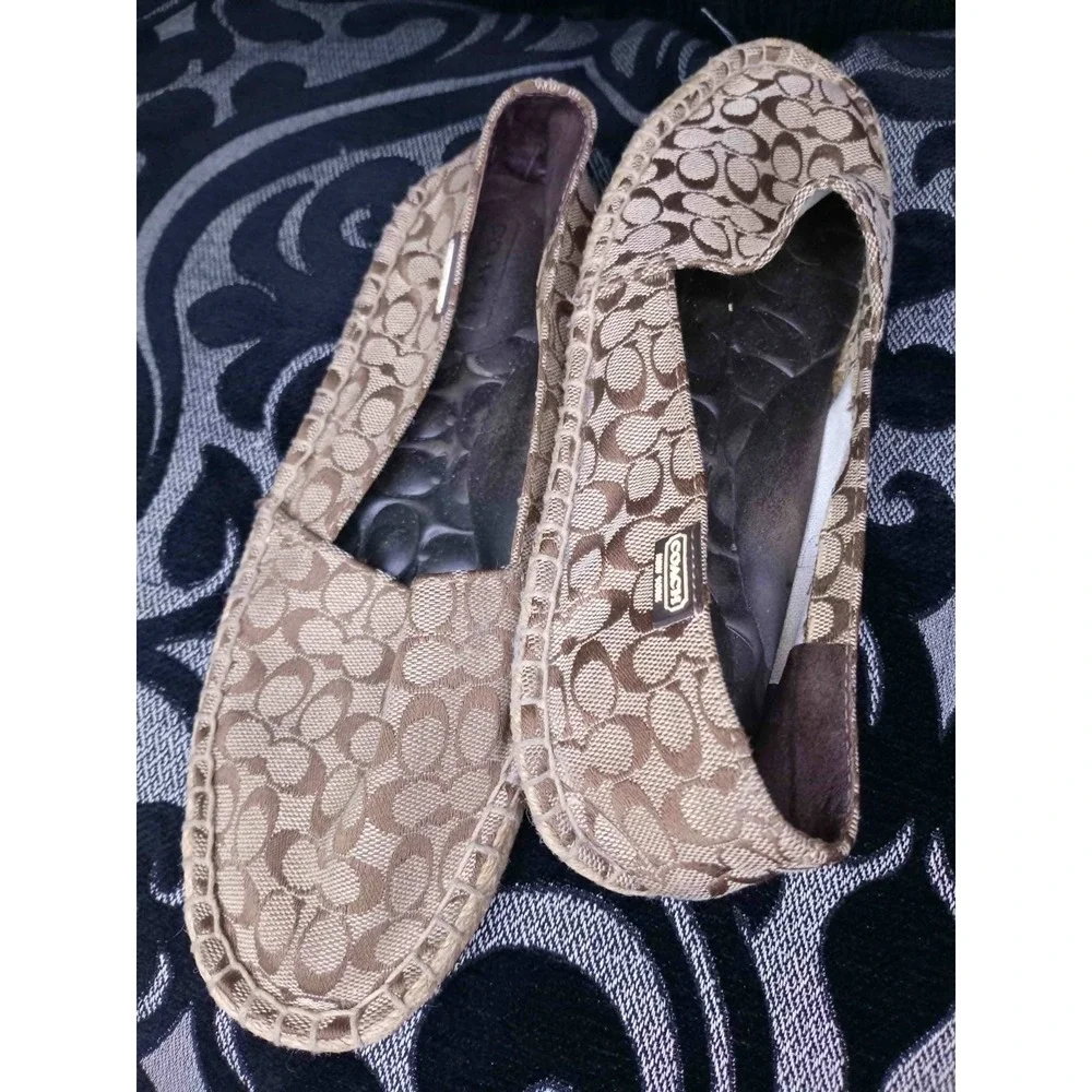 Coach Signature Canvas Espadrilles Khaki Brown Monogram Slip On Flats Shoes